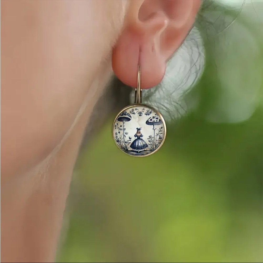 🆕 Alice in Wonderland - Fantasy Mushroom Art - Whimsical - Drop Earrings 🍄 - Picture 3 of 8